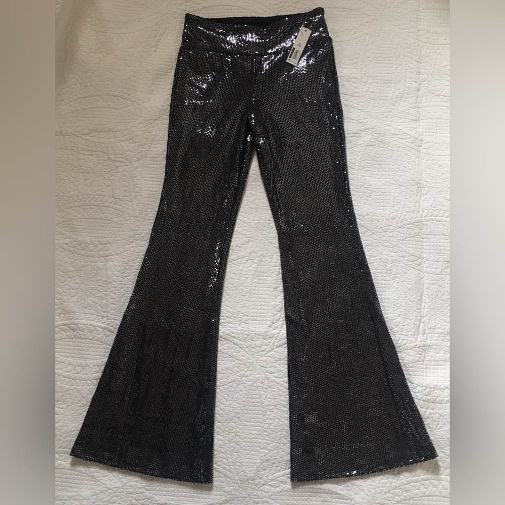 Y2K Shimmer Flare Pants Women Med 7-9 Black w/ Silver Stretch Bell Bottoms